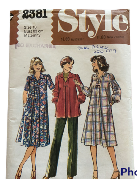 Style 2381 vintage 1970s maternity dress tunic and pants pattern