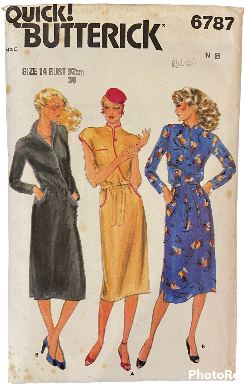 Butterick 6787 vintage 1980s dress pattern. Bust 36 inches