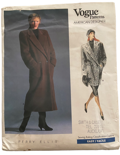 Vintage 1980s Vogue American Designer Perry Ellis coat pattern. Bust 34 inches.