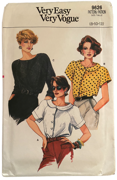 Very easy very vogue 9626 vintage 1980s blouse sewing pattern. Bust 31.5. 32.5, 34 inches