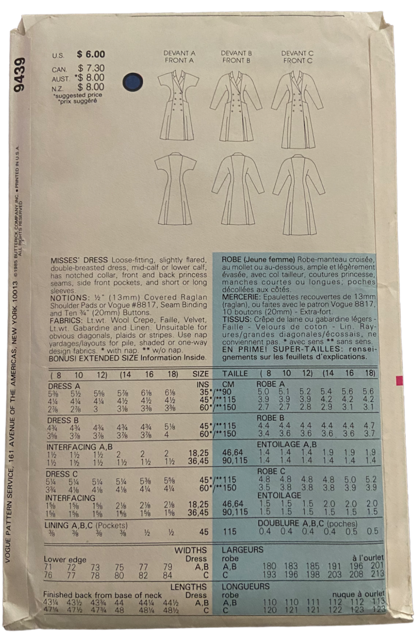 Very easy very vogue 9439 vintage 1980s dress sewing pattern Bust 31.5, 32.5, 34 inches