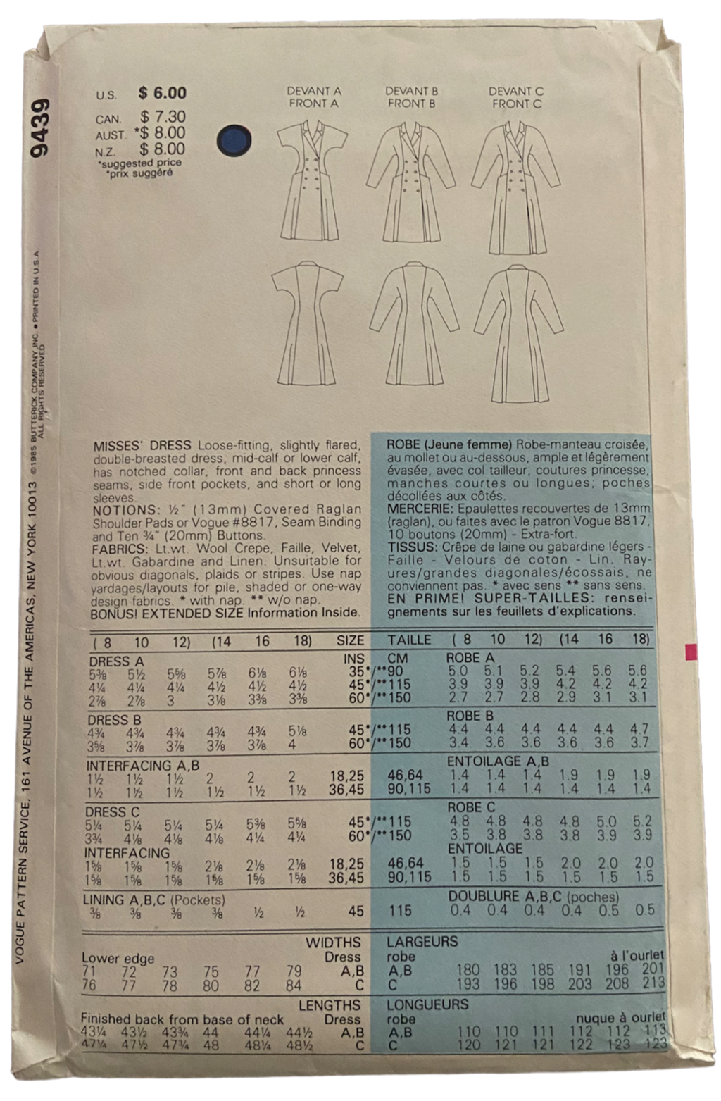 Very easy vogue 9194 vintage 1980s top sewing pattern Bust 31 1/2 - 32 1/2 - 34 inches