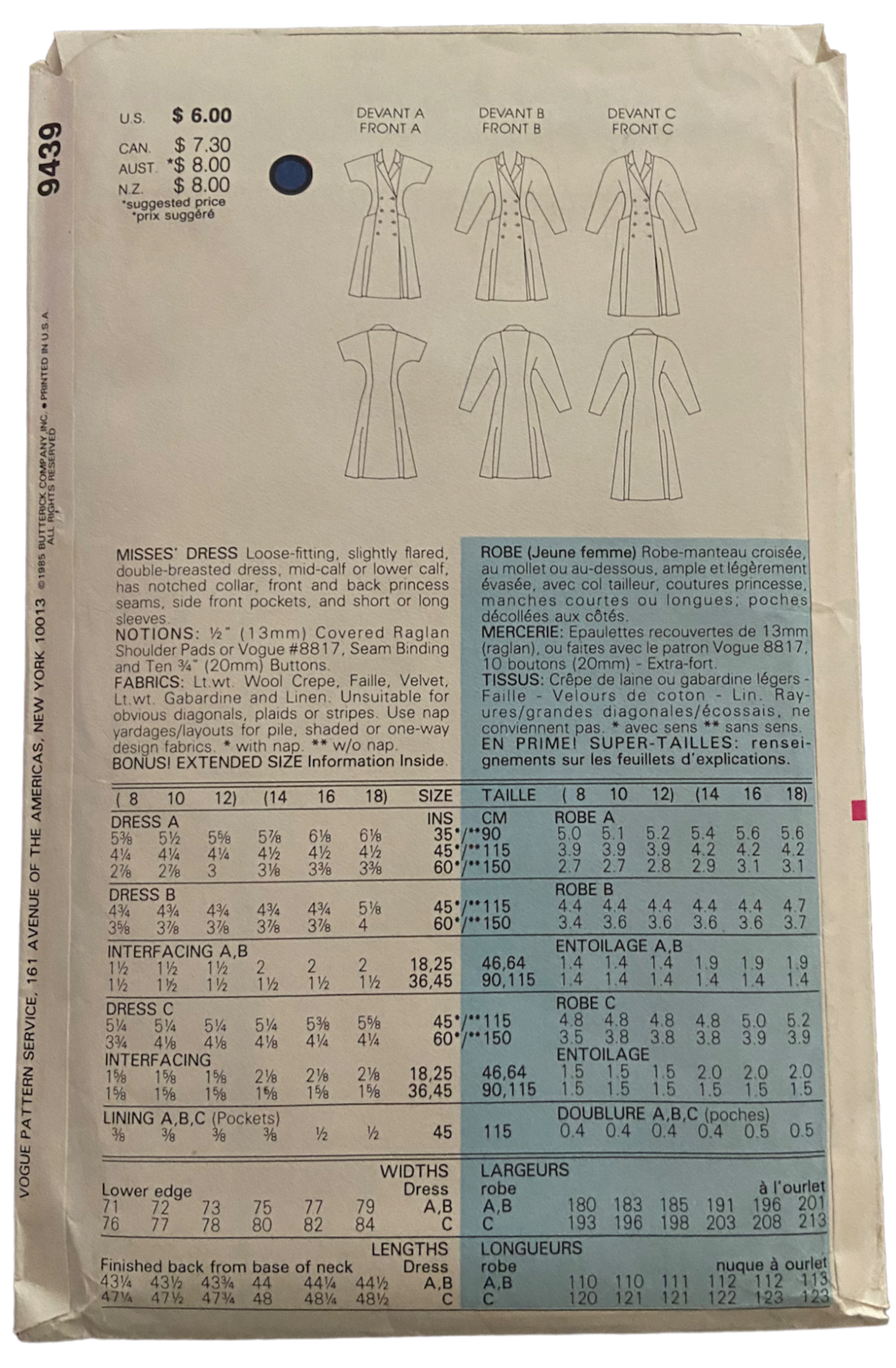 Very easy vogue 9194 vintage 1980s top sewing pattern Bust 31 1/2 - 32 1/2 - 34 inches