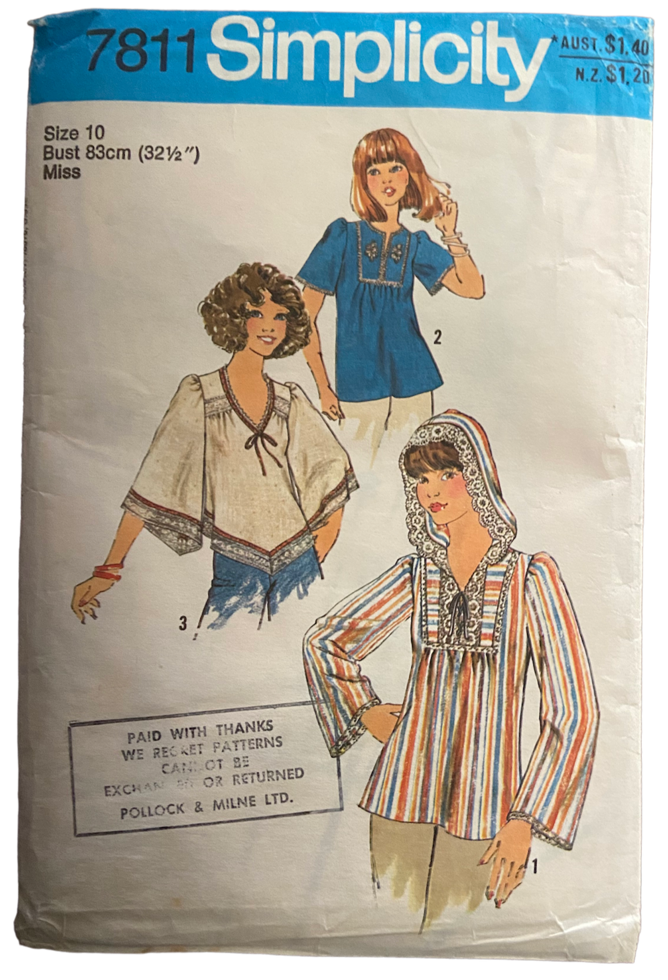 Simplicity 7811 vintage 1970s pullover tops pattern. Bust 32.5 inches