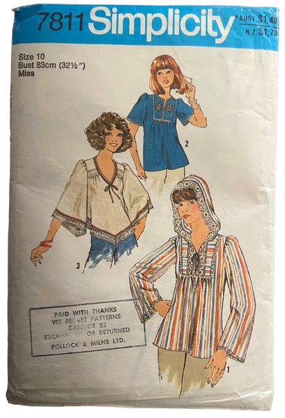 Simplicity 7811 vintage 1970s pullover tops pattern. Bust 32.5 inches