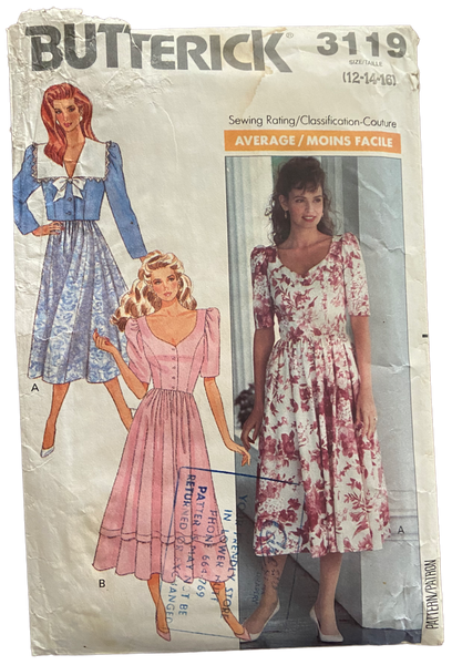 Butterick 3119 vintage 1980s dress pattern. Bust 34, 36, 38