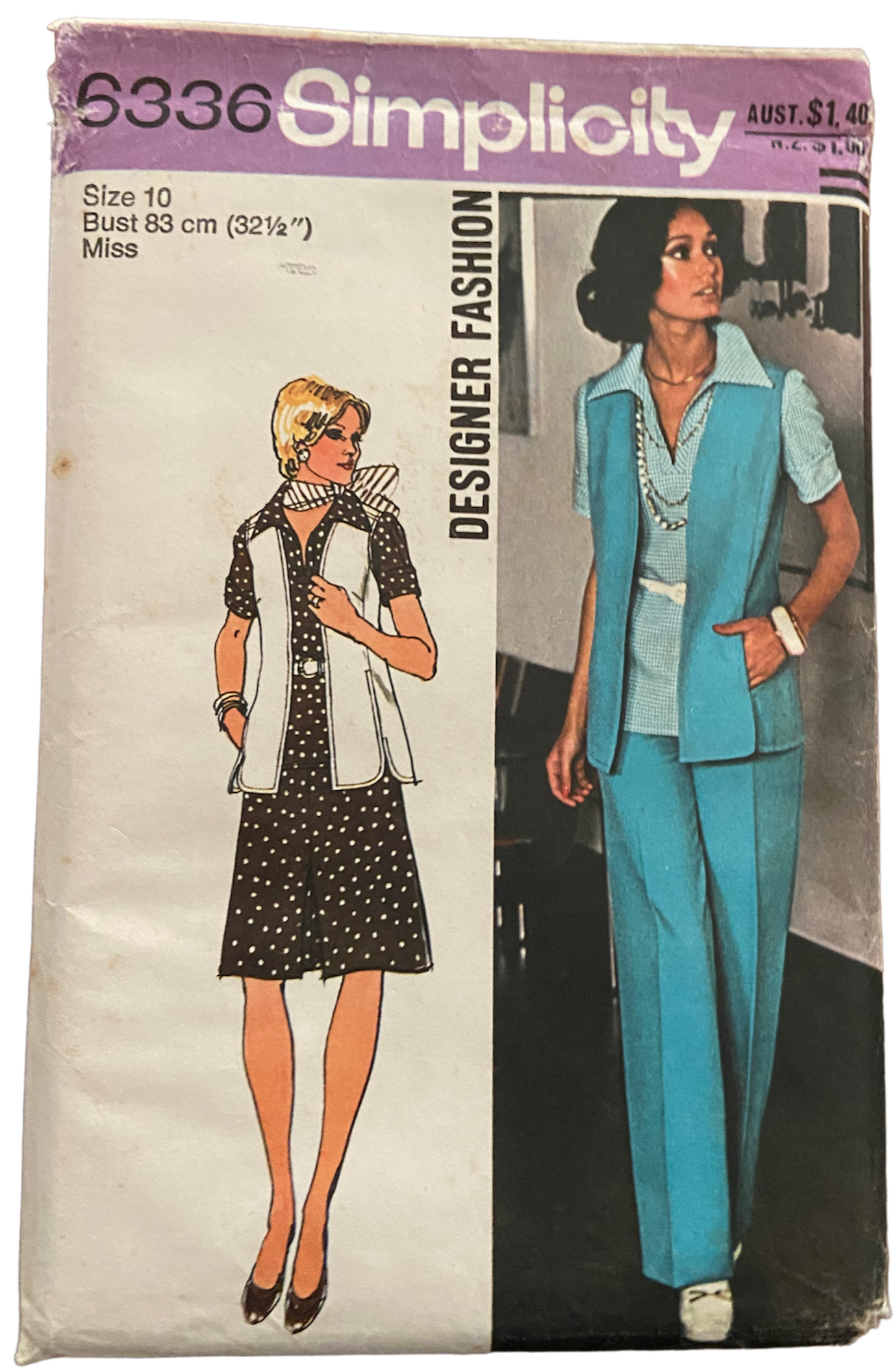 Simplicity 6336 vintage 1970s dress or top, vest and pants pattern. Bust 32.5 inches