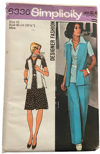 Simplicity 6336 vintage 1970s dress or top, vest and pants pattern. Bust 32.5 inches