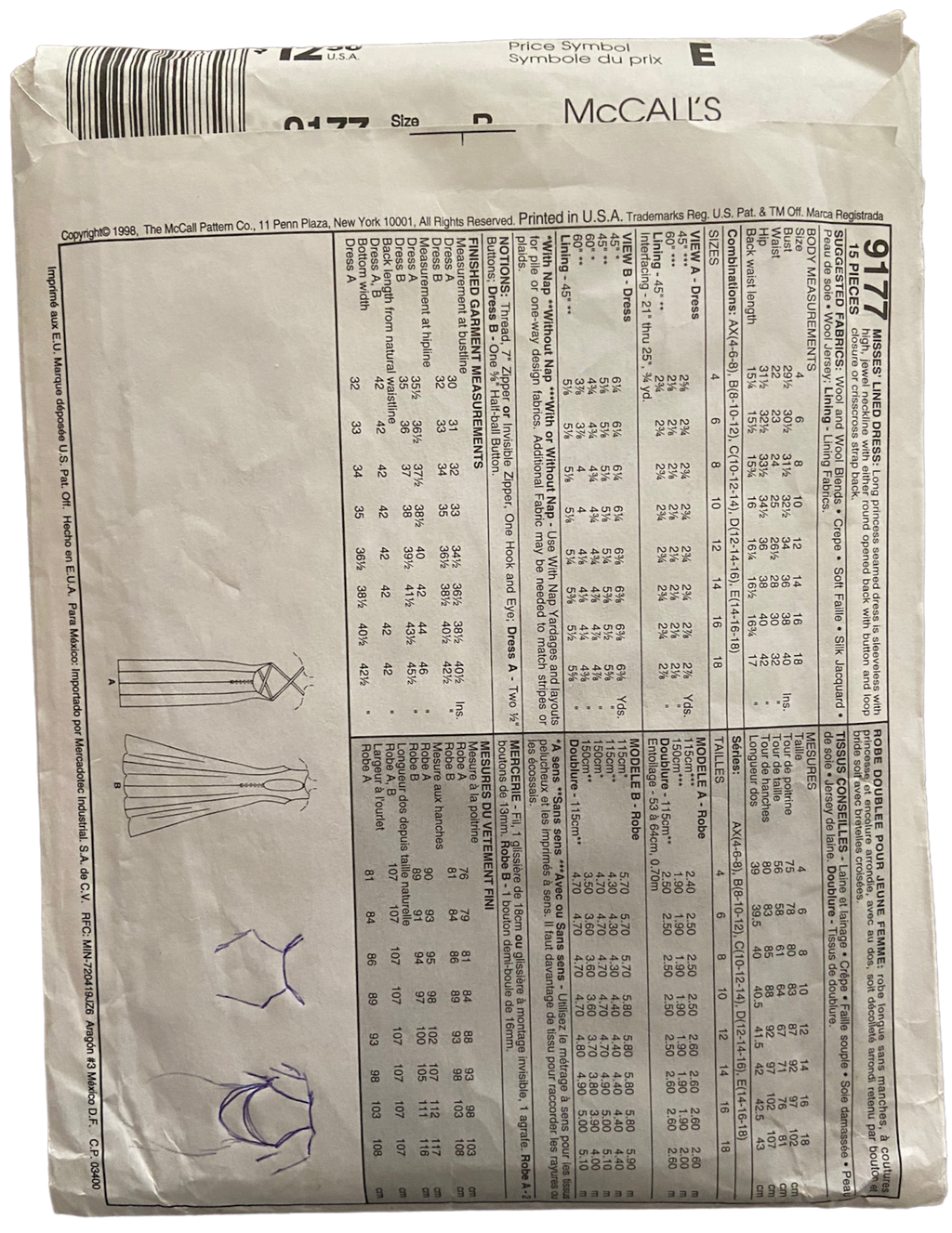 McCall's 9177 vintage 1990s evening elegance evening dress sewing pattern. Bust 31.5, 32.5, 34 inches