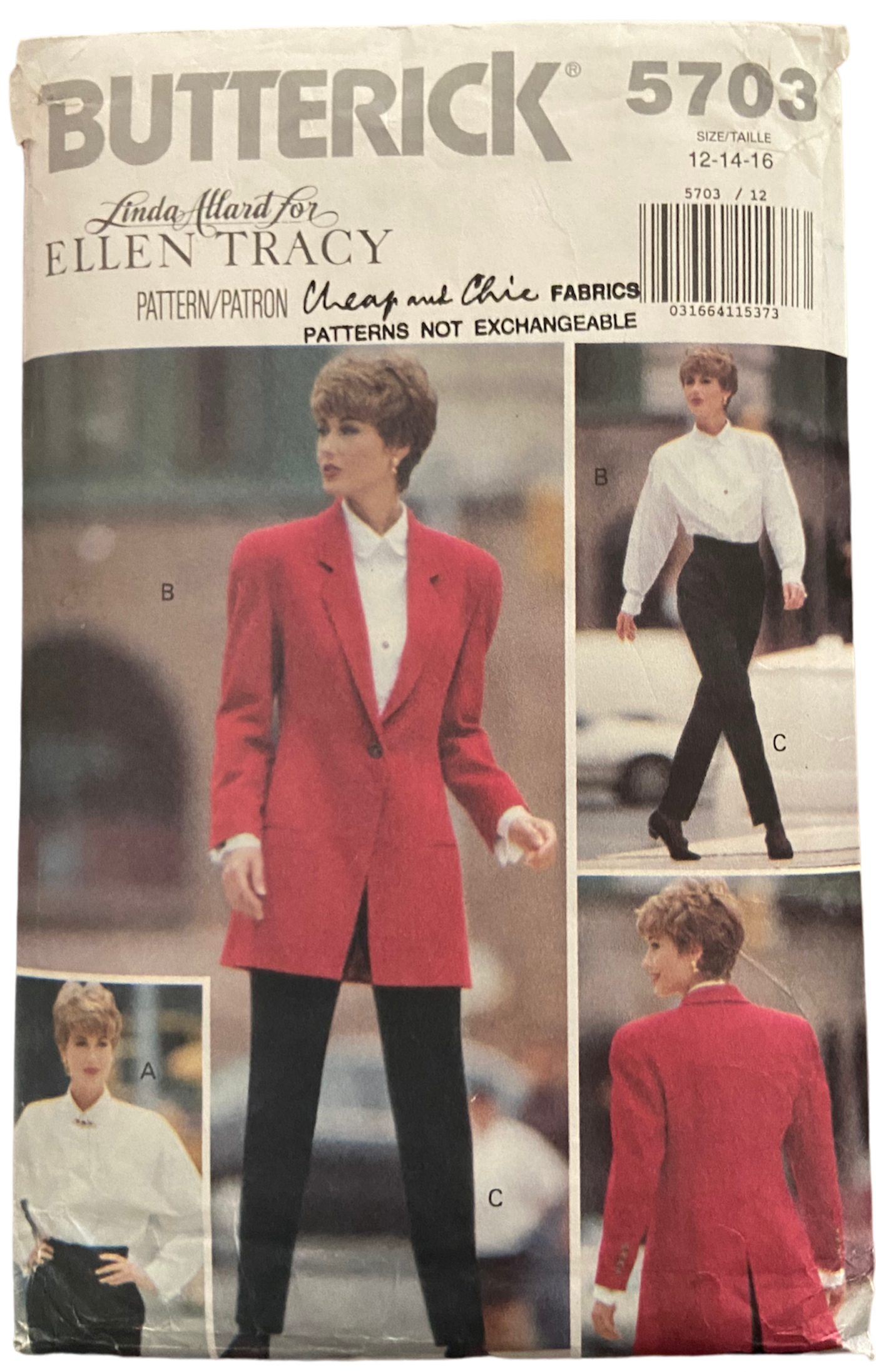 Butterick 5703 vintage 1990s Linda Allard for Ellen Tracey jacket, blouse, pants sewing pattern. Bust 34, 36, 38 inches