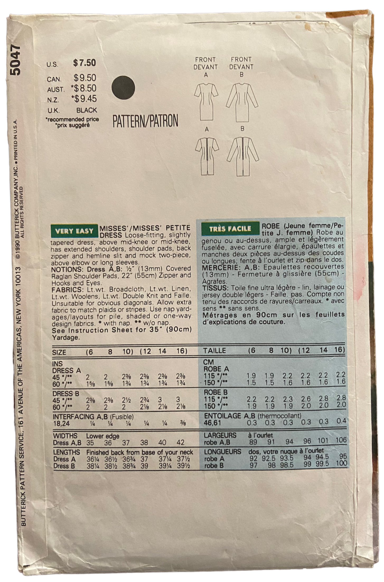 Butterick 5047 vintage 1990s dress sewing pattern. Bust 34, 36, 38