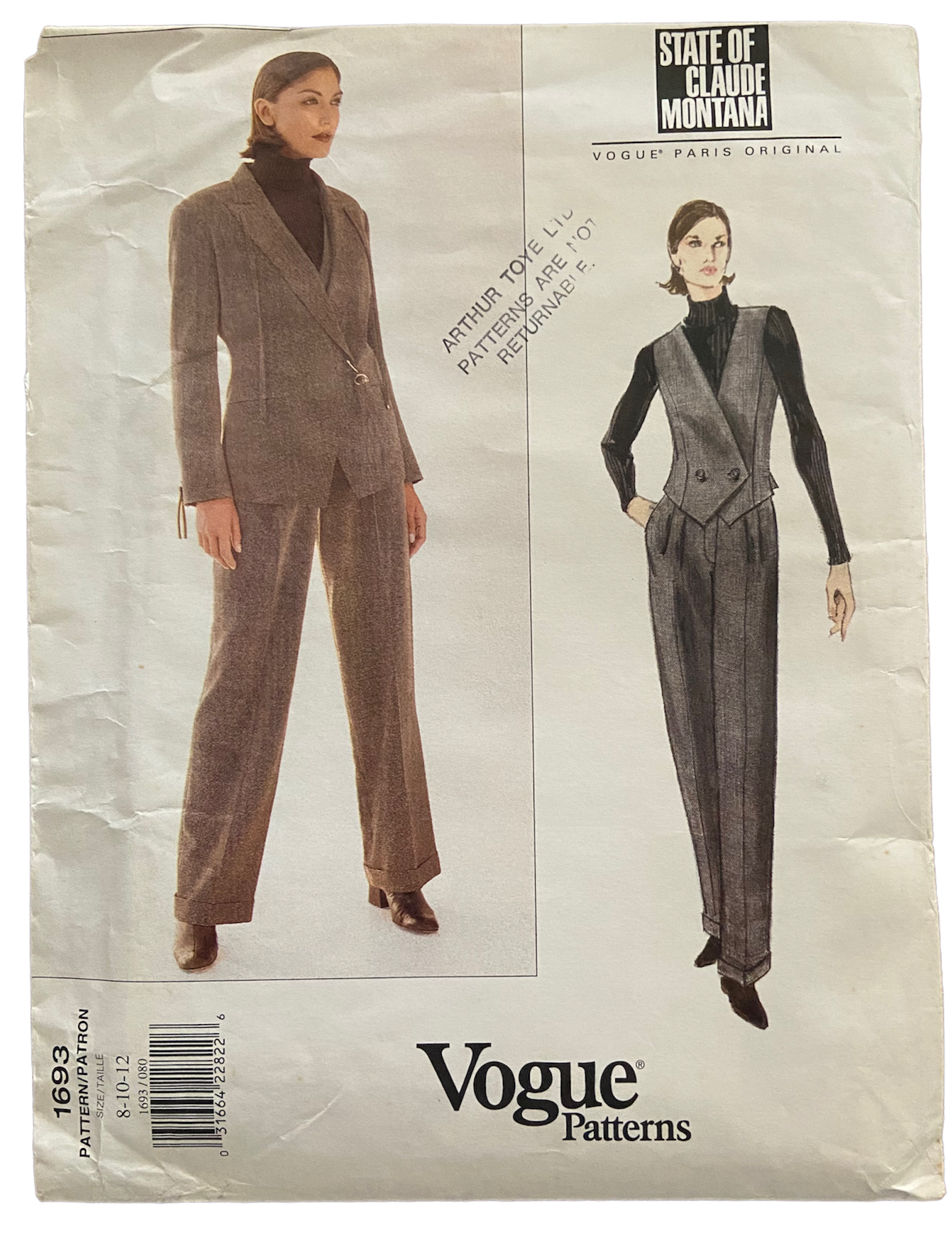 1990s Vogue 1693 State of Claude Montana Jacket, vest and pants pattern Bust 31.5, 32.5 34 inches