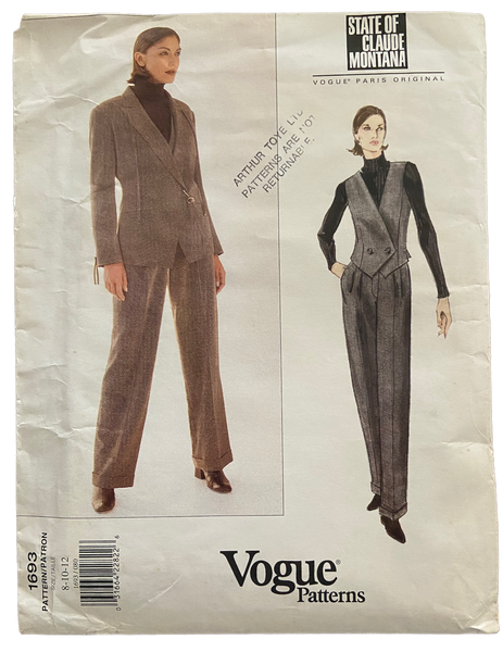 1990s Vogue 1693 State of Claude Montana Jacket, vest and pants pattern Bust 31.5, 32.5 34 inches
