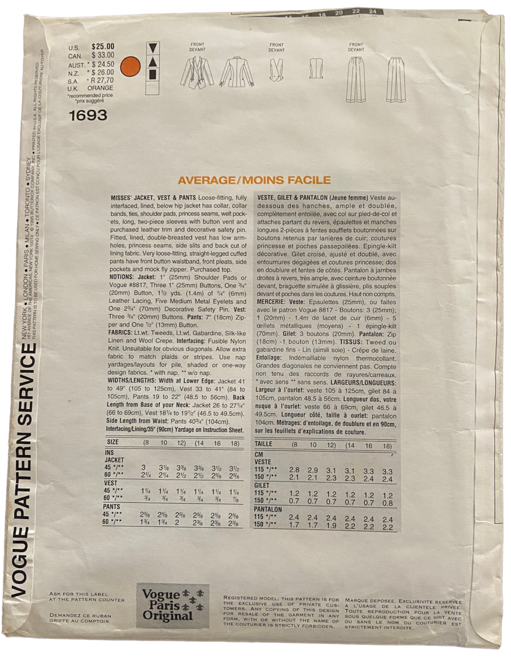1990s Vogue 1693 State of Claude Montana Jacket, vest and pants pattern Bust 31.5, 32.5 34 inches