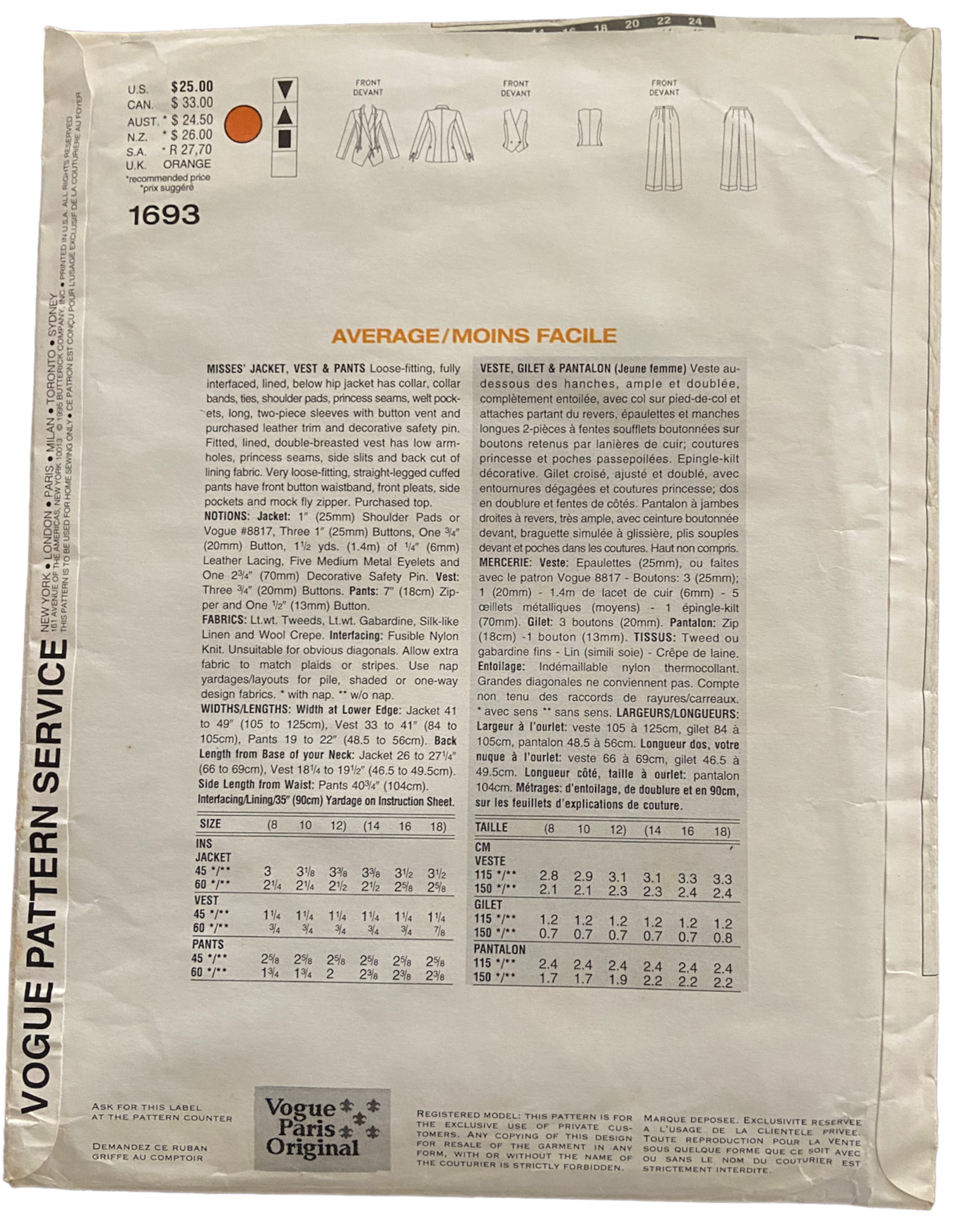 1990s Vogue 1693 State of Claude Montana Jacket, vest and pants pattern Bust 31.5, 32.5 34 inches
