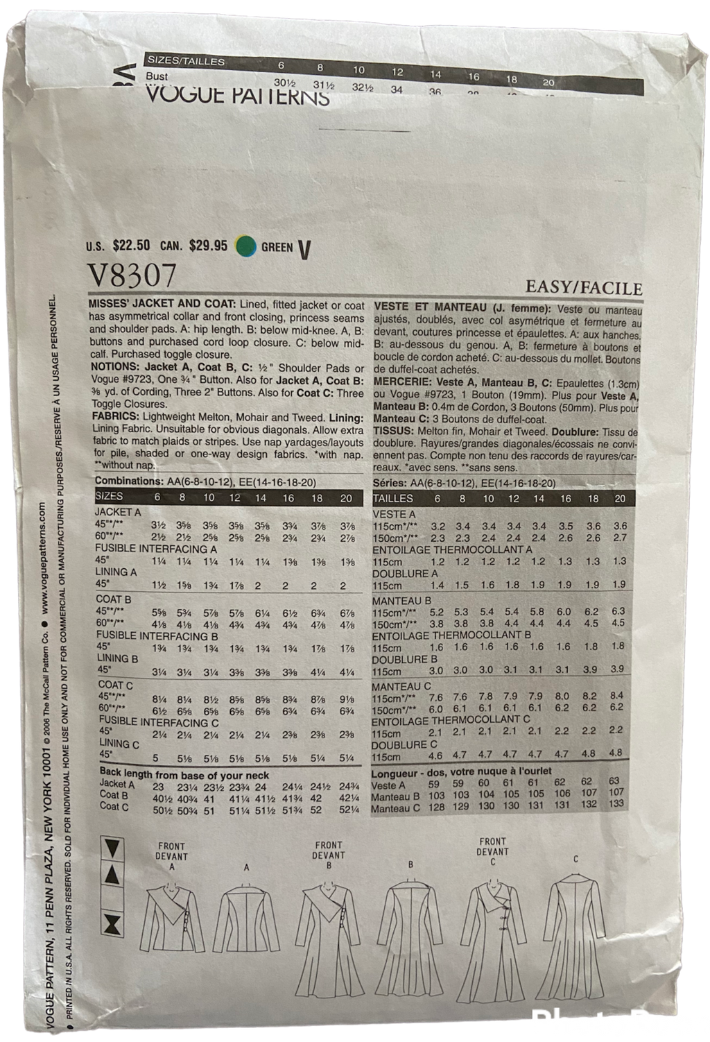 Vogue v8307 jacket and coat pattern from the 2000s Bust 31.5, 32.5, 34 inches