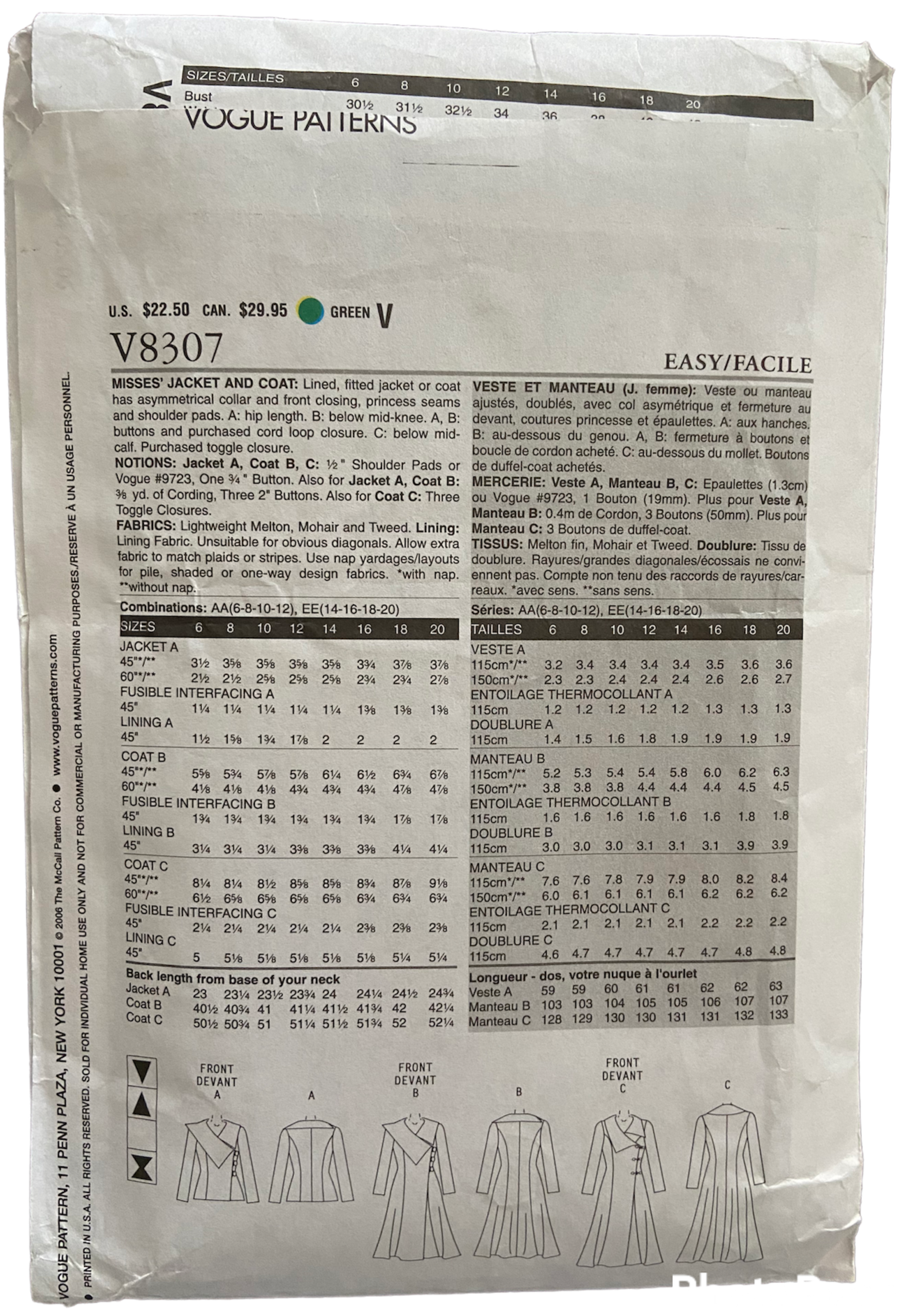 Vogue v8307 jacket and coat pattern from the 2000s Bust 31.5, 32.5, 34 inches