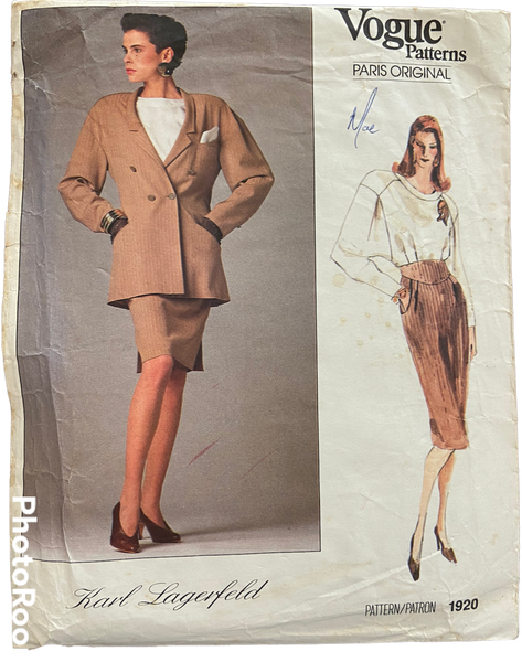 Vogue 1920 vintage 1990s Karl Lagerfeld Paris Original jacket, blouse and skirt pattern Bust 34 inches