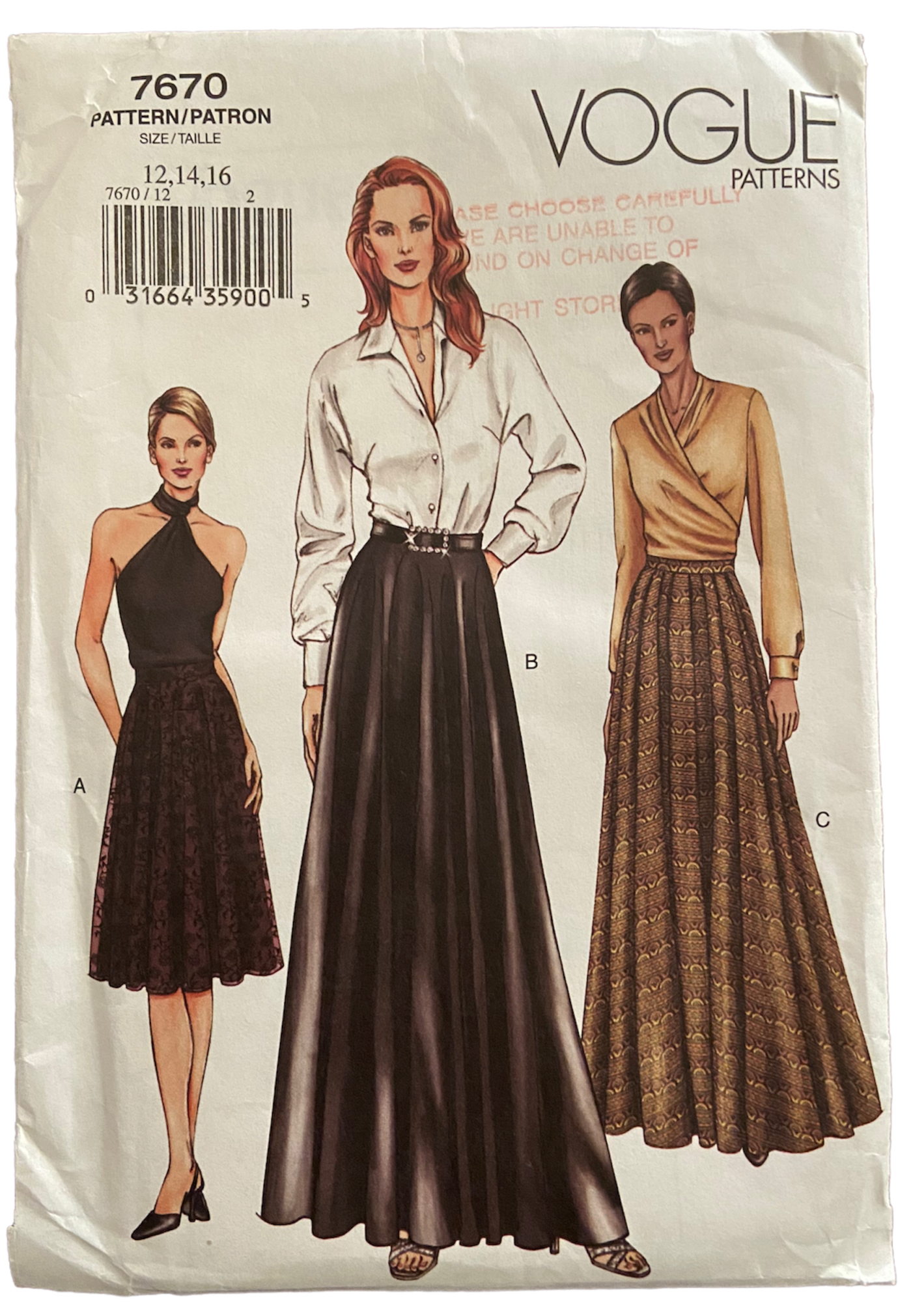Vogue 7670 skirt pattern Waist 26.5, 28, 30 inches