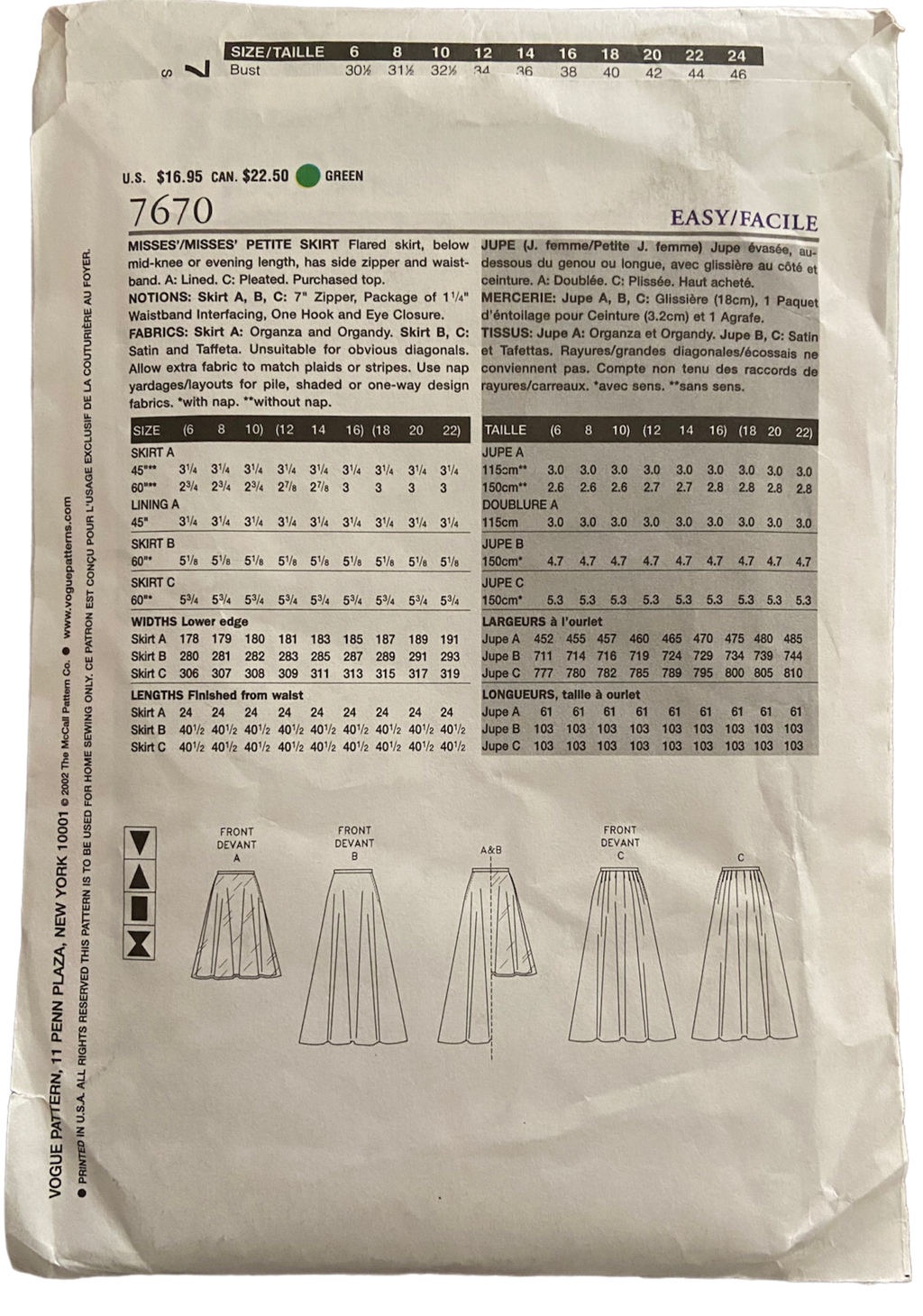 Vogue 7670 skirt pattern Waist 26.5, 28, 30 inches