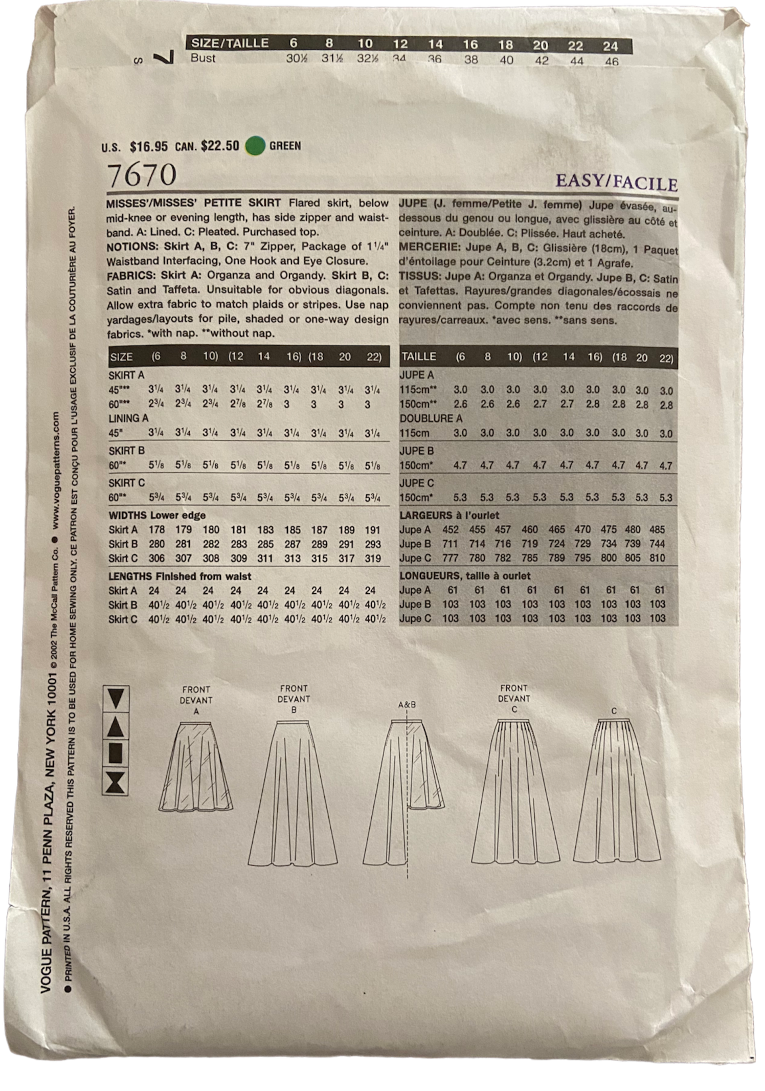 Vogue 7670 skirt pattern Waist 26.5, 28, 30 inches