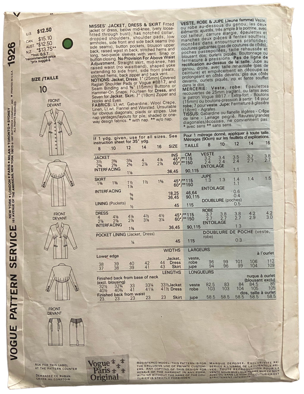 Vogue 1926 vintage 1980s Claude Montana Individualist  jacket, dress and skirt pattern Bust 32.5 inches