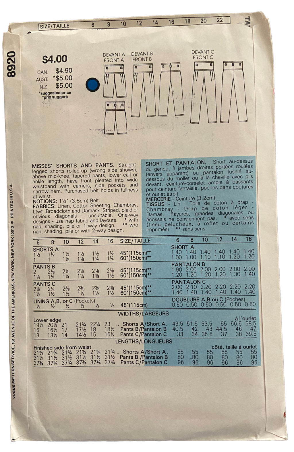 Vogue 8920 vintage 1980s shorts and pants pattern. Waist 23, 24, 25 inches