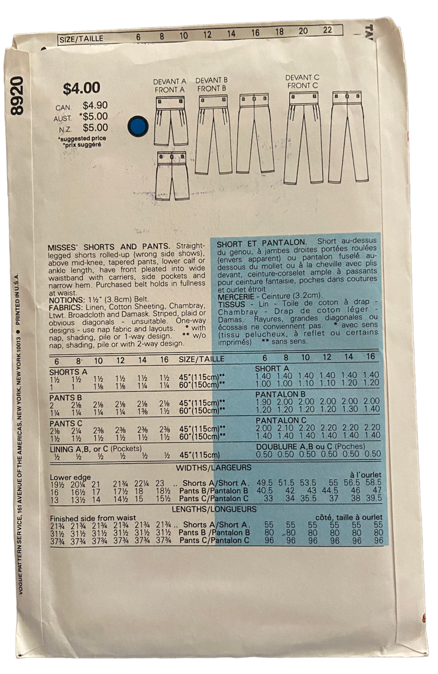 Vogue 8920 vintage 1980s shorts and pants pattern. Waist 23, 24, 25 inches