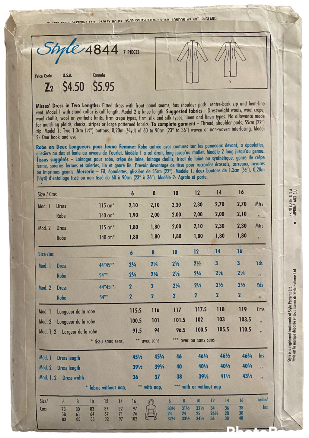 Style 4844 vintage 1980s dress pattern. Bust 34, 36, 38
