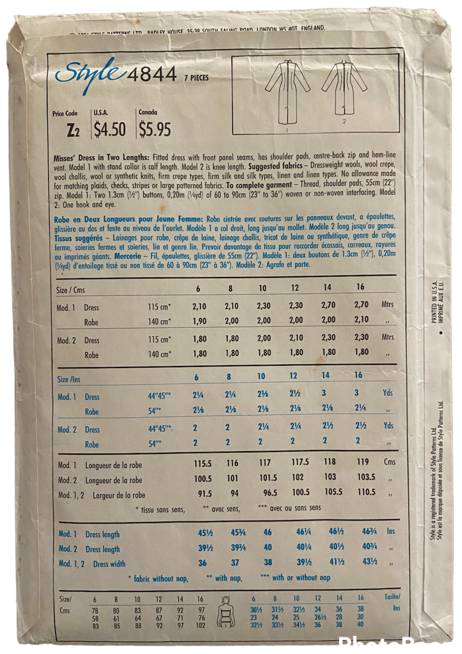 Style 4844 vintage 1980s dress pattern. Bust 34, 36, 38