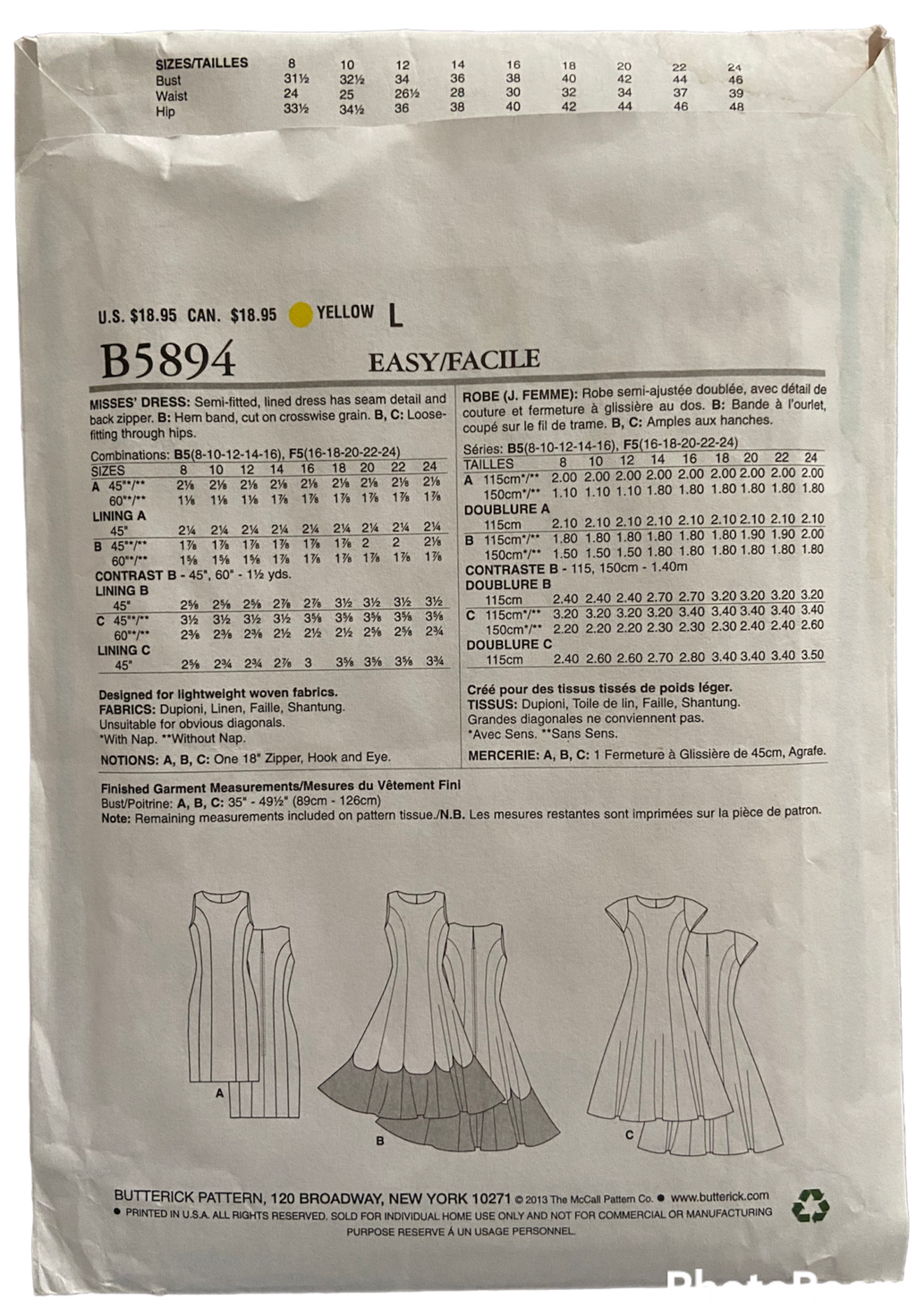 Butterick B5894 princess seamed dress pattern from 2013. Bust 31.5, 32.5, 34, 36, 38 inches