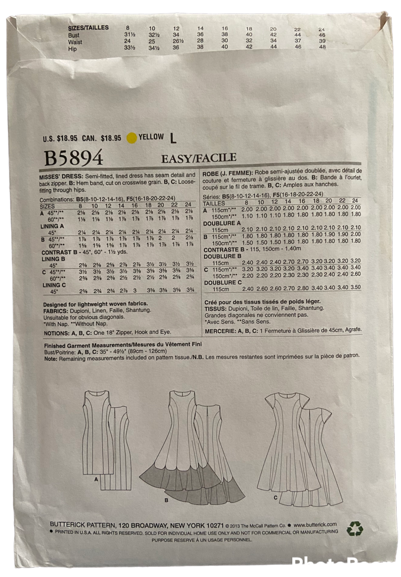 Butterick B5894 princess seamed dress pattern from 2013. Bust 31.5, 32.5, 34, 36, 38 inches