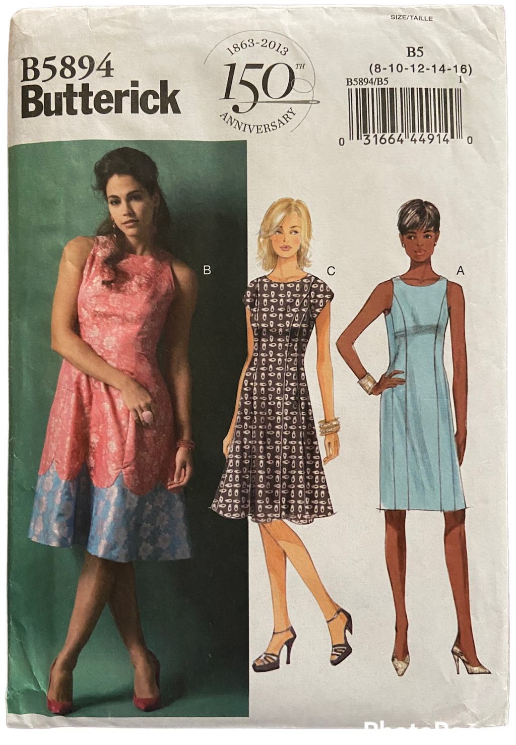Butterick B5894 princess seamed dress pattern from 2013. Bust 31.5, 32.5, 34, 36, 38 inches