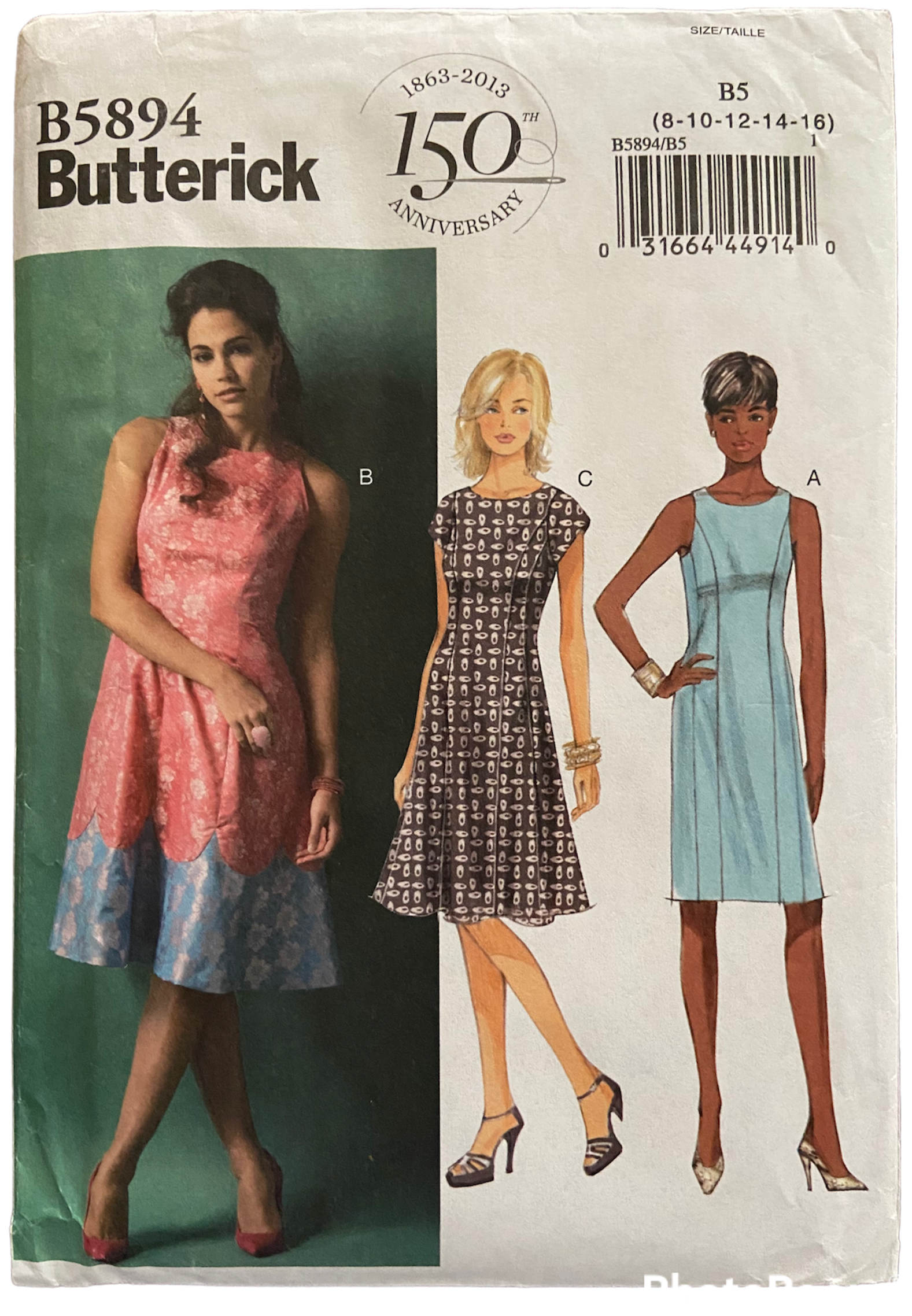 Butterick B5894 princess seamed dress pattern from 2013. Bust 31.5, 32.5, 34, 36, 38 inches