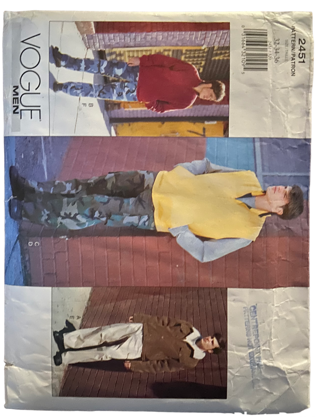 Vogue Men 2451 mens' jacket, vest and pants pattern from the 2000s. Chest 32, 34, 36 inches