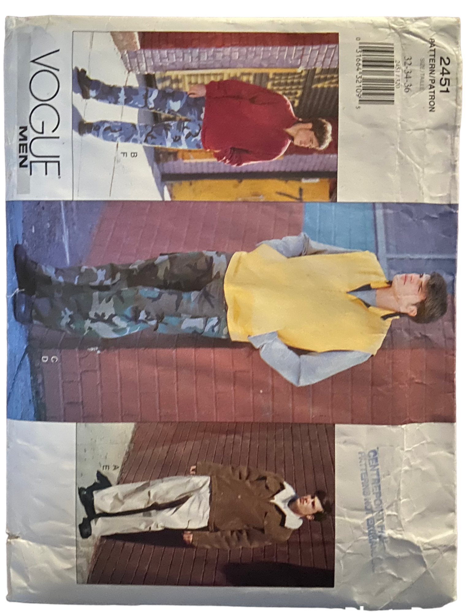Vogue Men 2451 mens' jacket, vest and pants pattern from the 2000s. Chest 32, 34, 36 inches