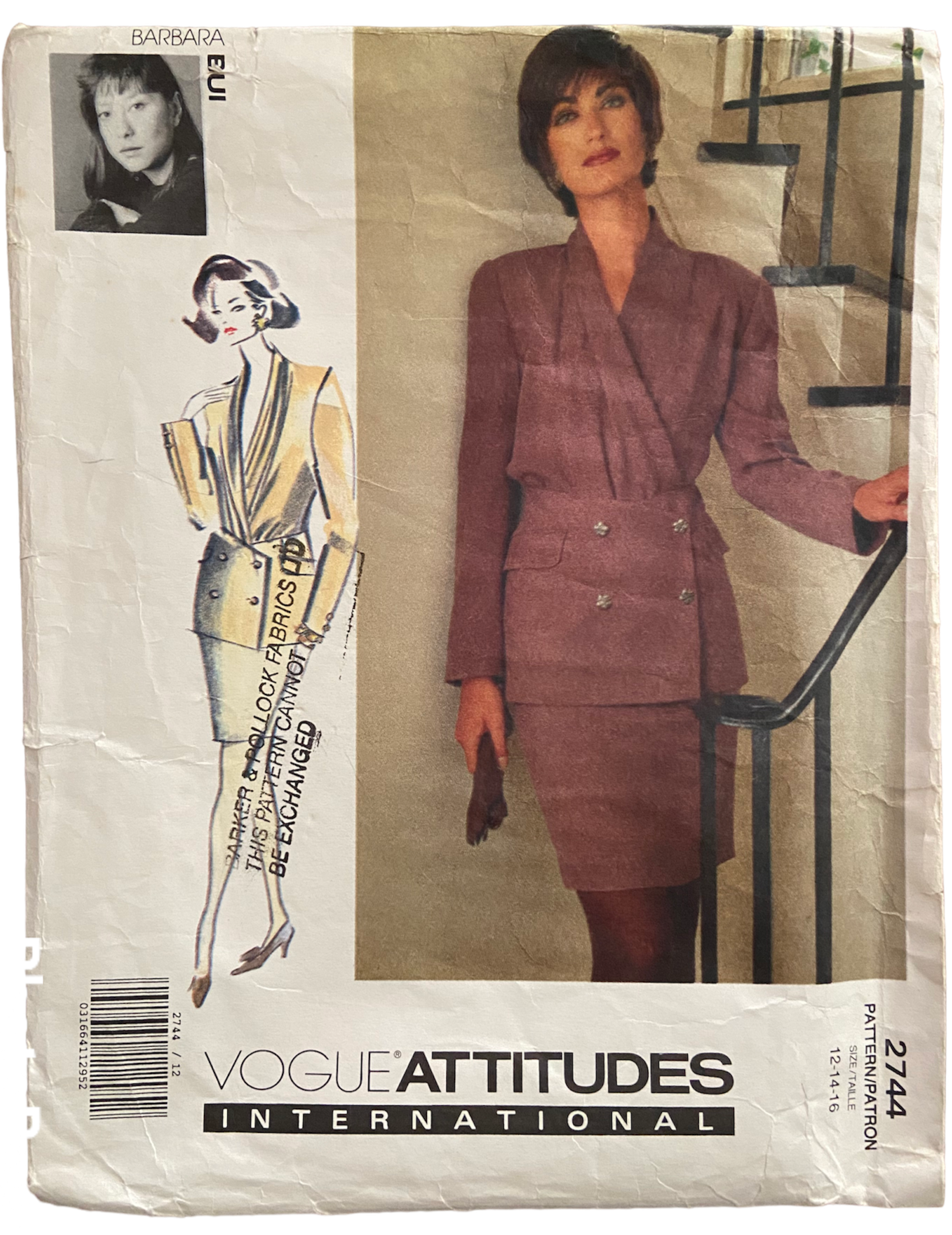 Vogue 2744 vintage 1990s Barbara Bui Vogue Attitudes jacket and skirt pattern Bust 34 inches
