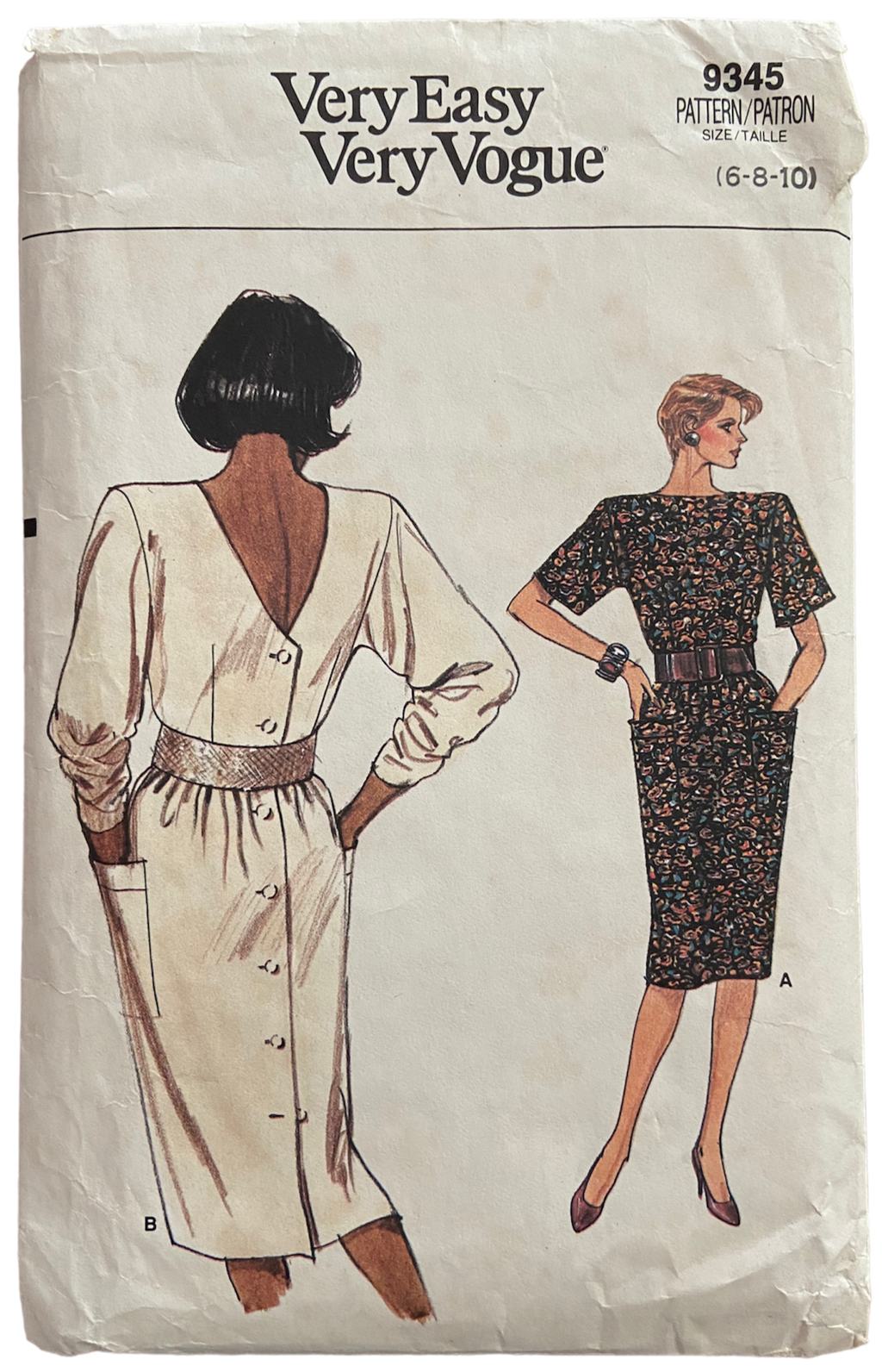 Vogue 9345 vintage 1980s dress pattern. Bust 30.5, 31.5, 32.5