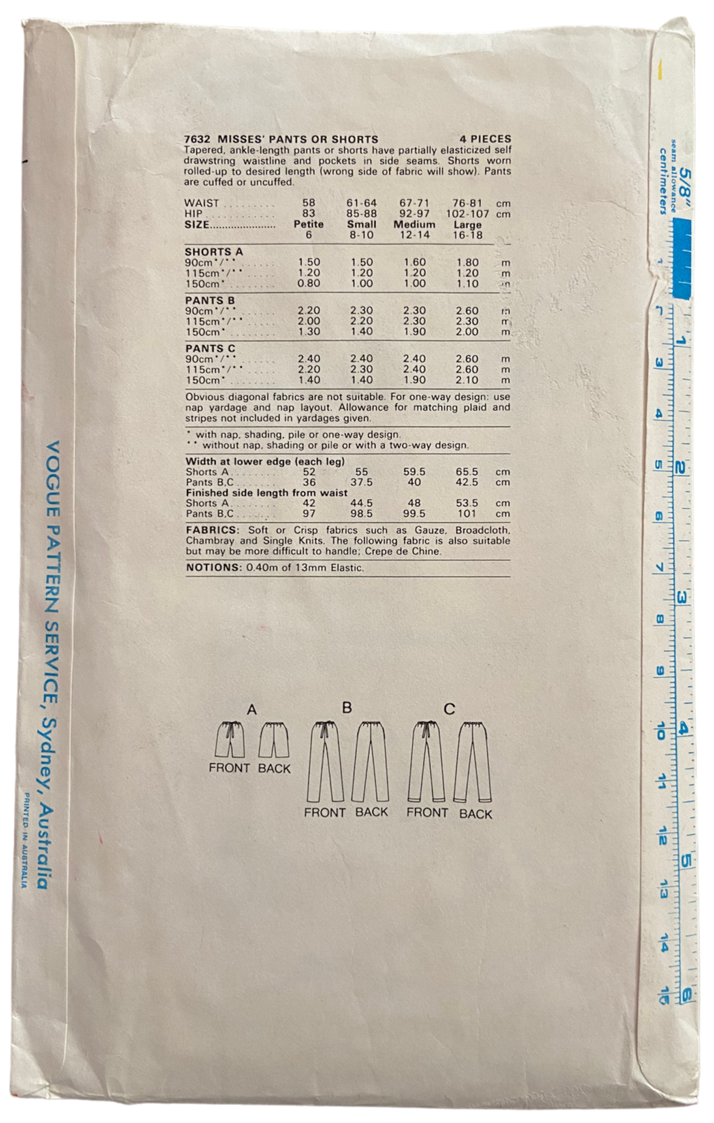 Vogue 7632 very easy very vogue vintage 1980s shorts and pants pattern Waist 24 inches, Hip 33 inches