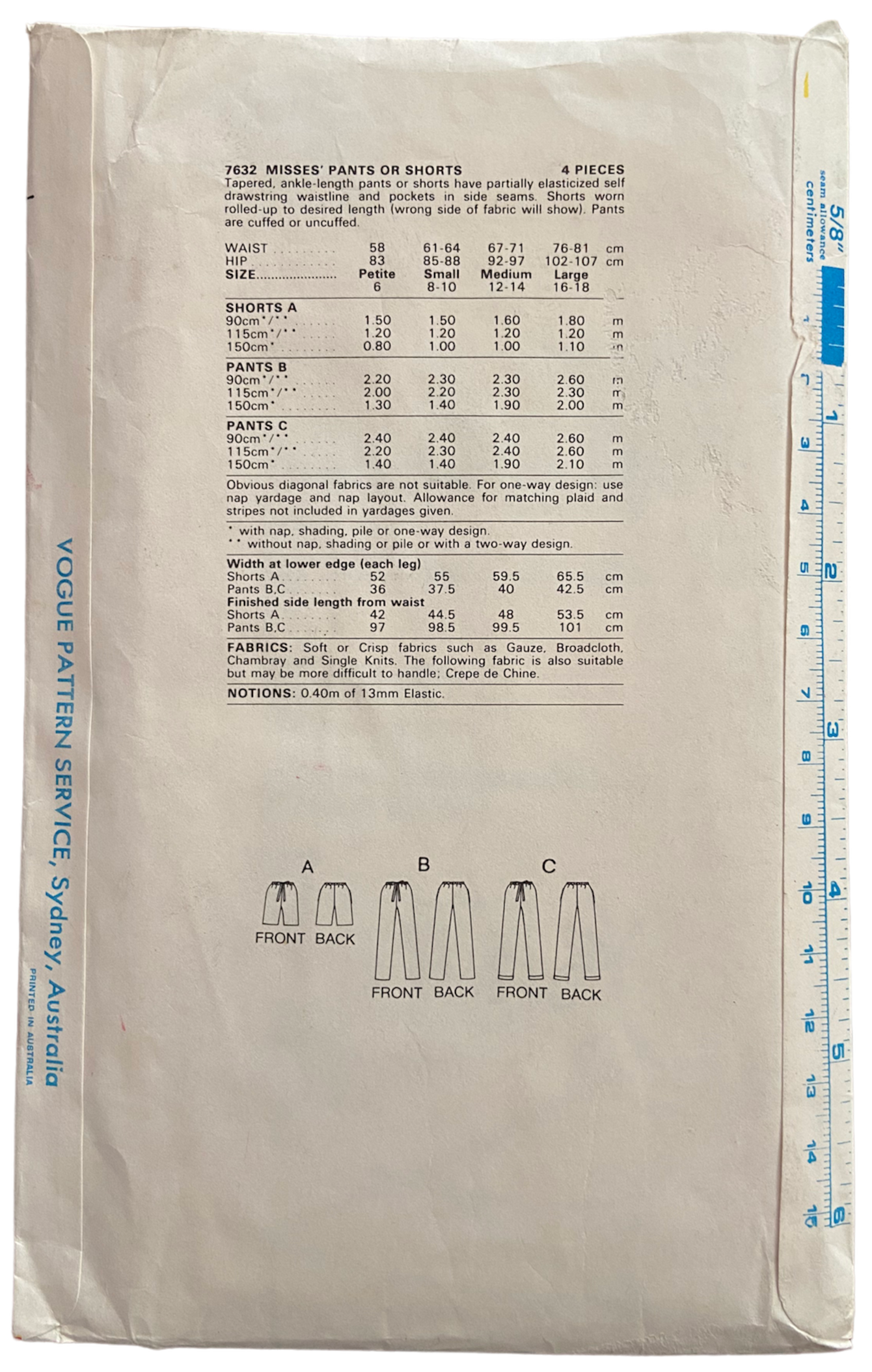 Vogue 7632 very easy very vogue vintage 1980s shorts and pants pattern Waist 24 inches, Hip 33 inches