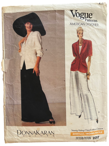 Vogue 2297 American Designer Donna Karan New York DKNY jacket and pants pattern. Jacket bust 34 inches. Pants 26.5, 28, 30 inch waist