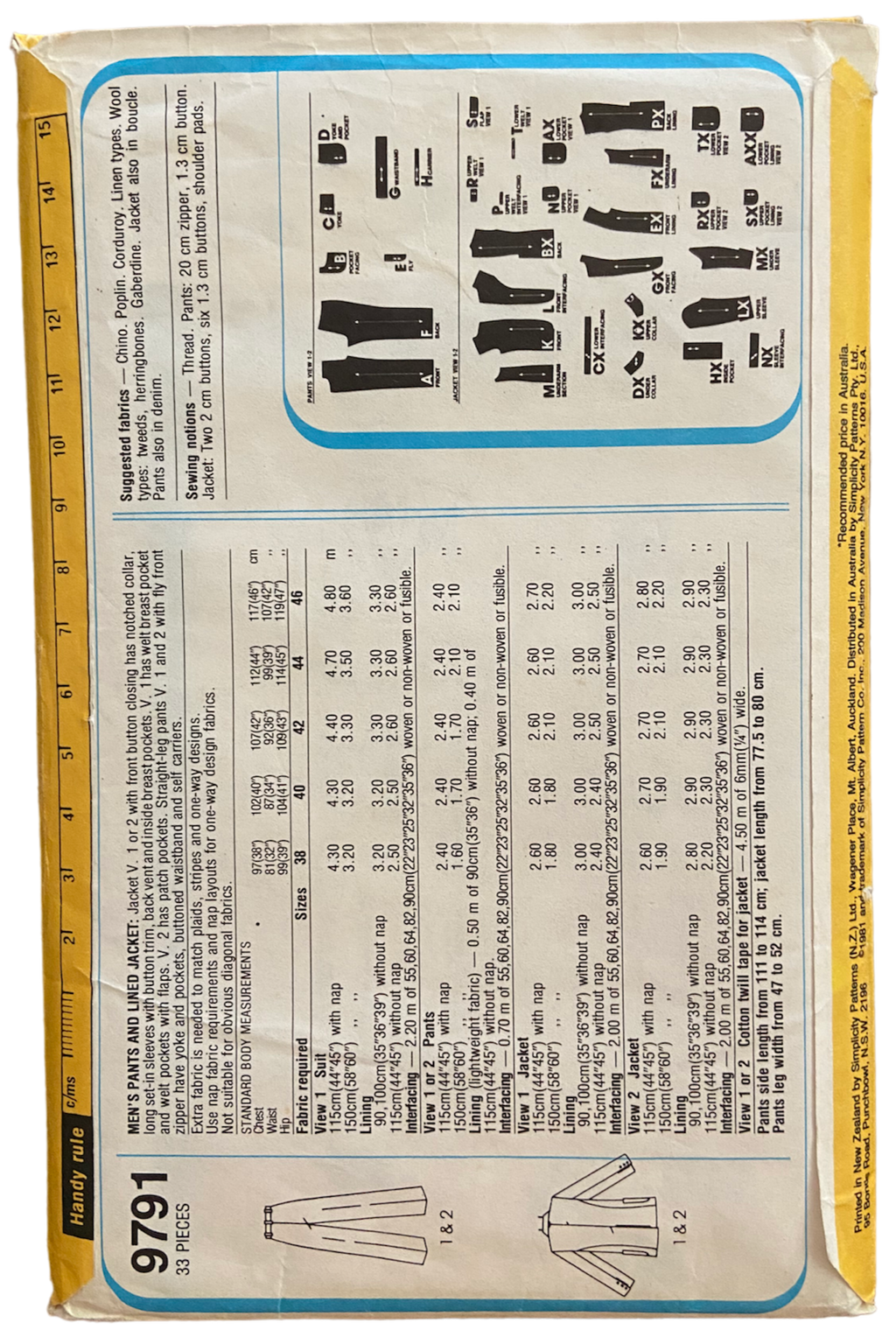 Simplicity 9791 vintage 1980s men's pants and jacket pattern. Chest 40 inches