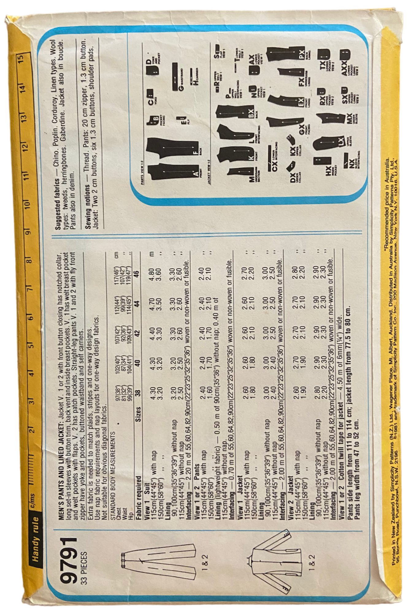 Simplicity 9791 vintage 1980s men's pants and jacket pattern. Chest 40 inches