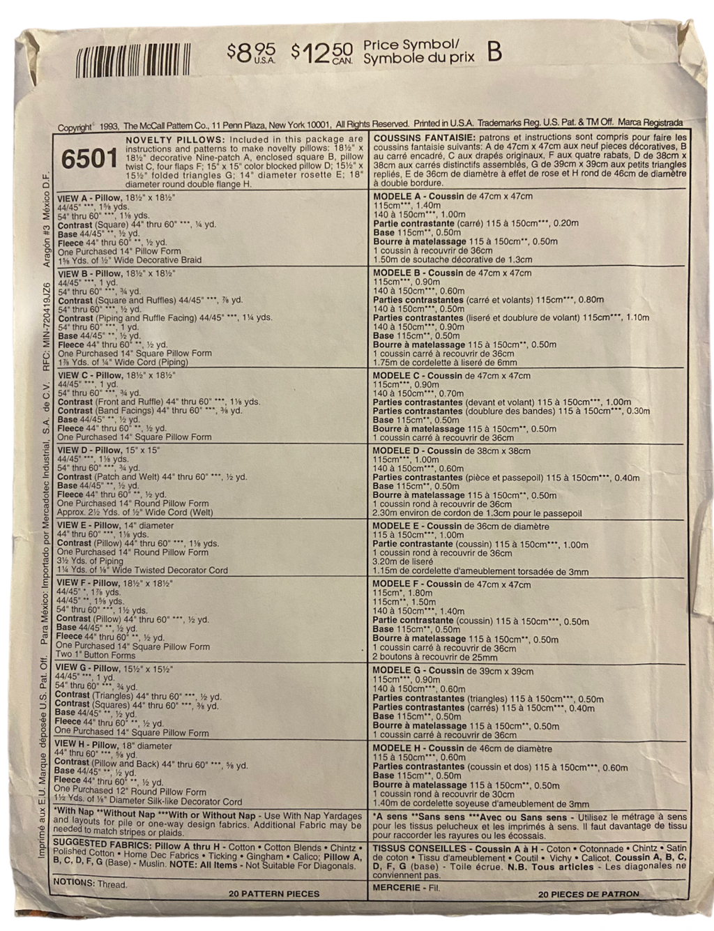 McCall's 6501 vintage 90s novelty pillows sewing pattern