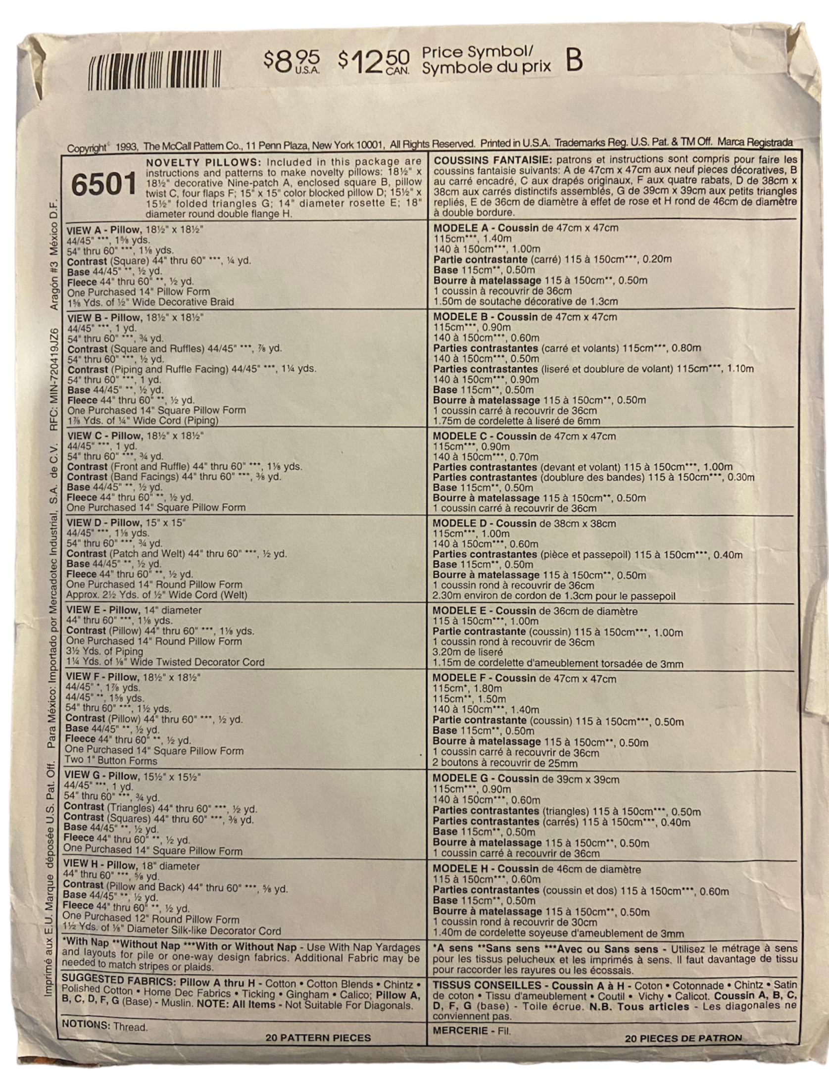 McCall's 6501 vintage 90s novelty pillows sewing pattern