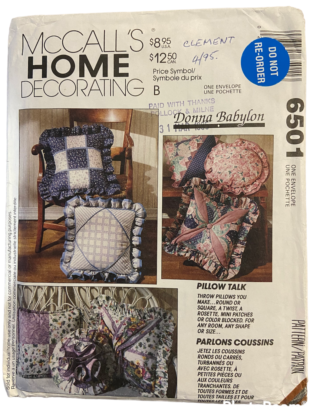 McCall's 6501 vintage 90s novelty pillows sewing pattern