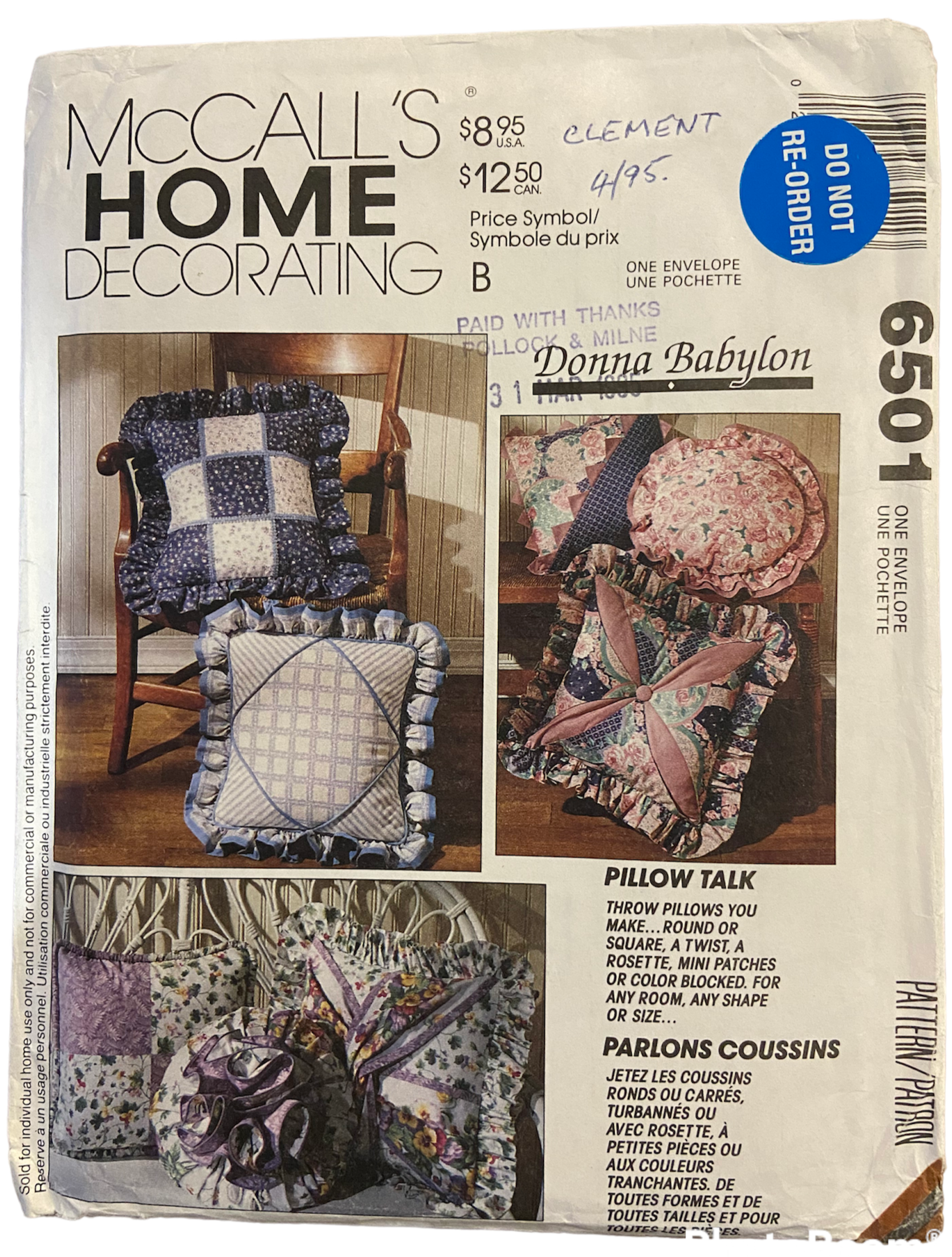 McCall's 6501 vintage 90s novelty pillows sewing pattern