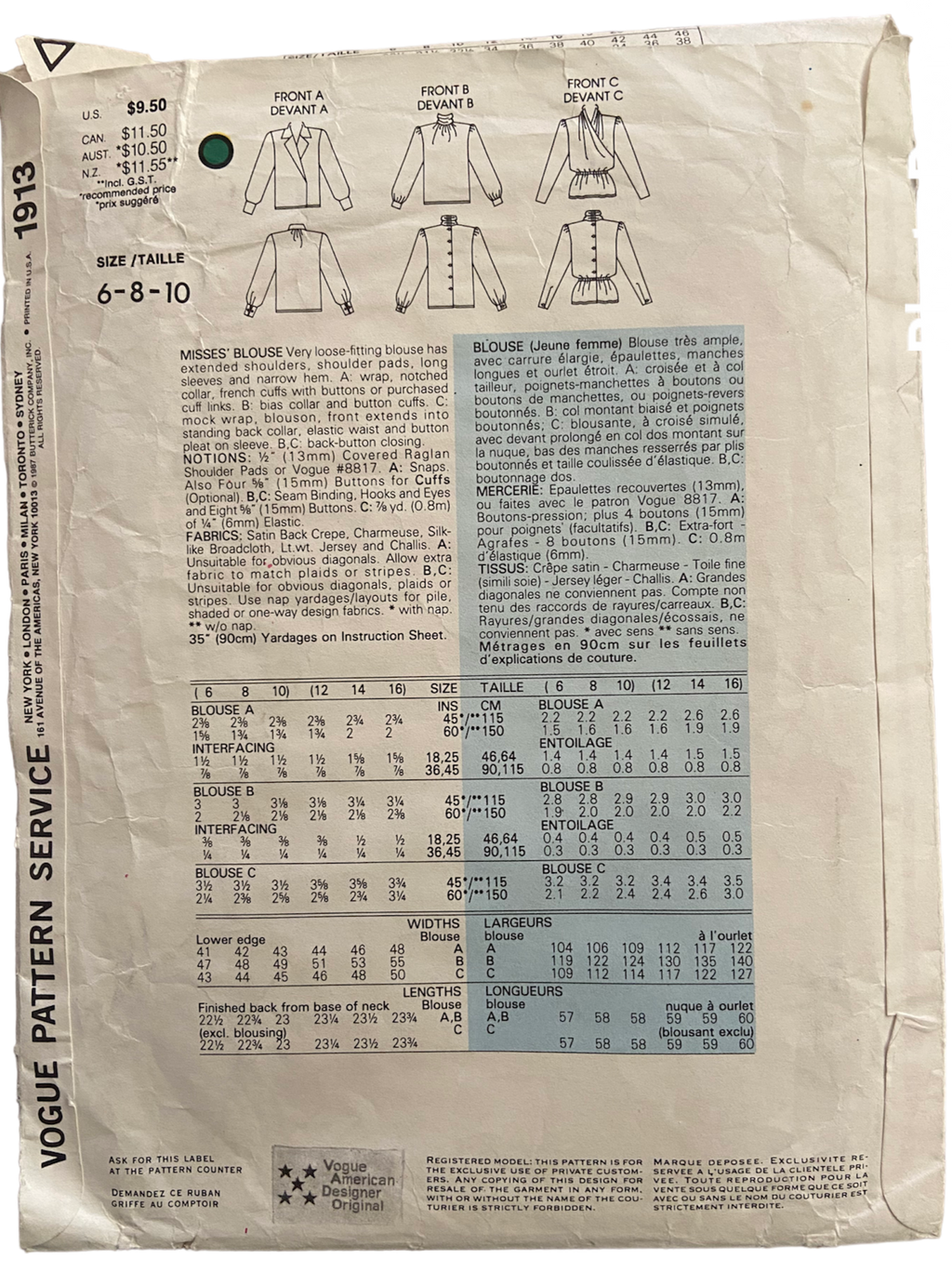 Vogue 1913 vintage 1980s Oscar de la Renta blouse pattern Bust 30.5, 31.5, 32.5 inches