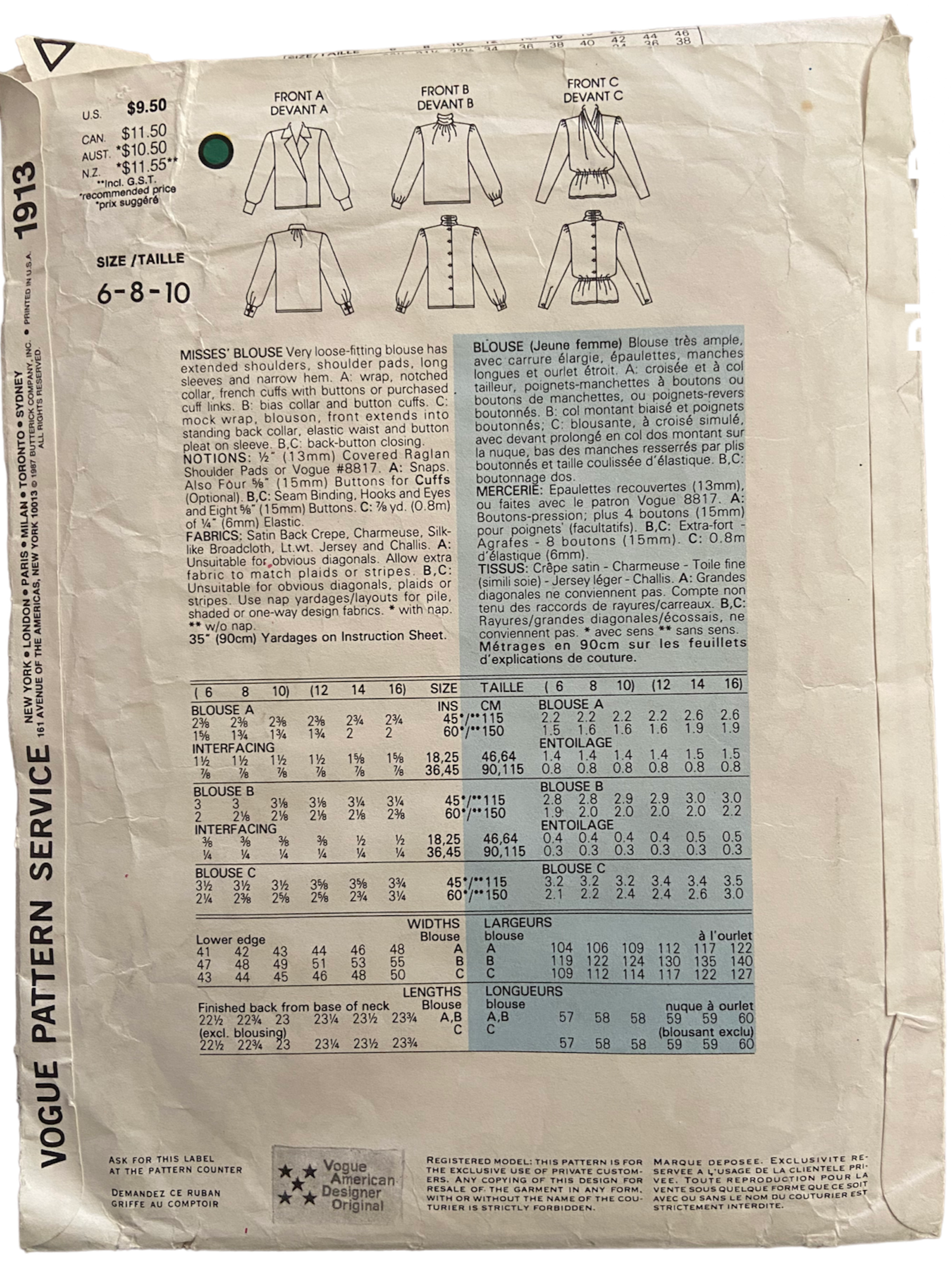 Vogue 1913 vintage 1980s Oscar de la Renta blouse pattern Bust 30.5, 31.5, 32.5 inches