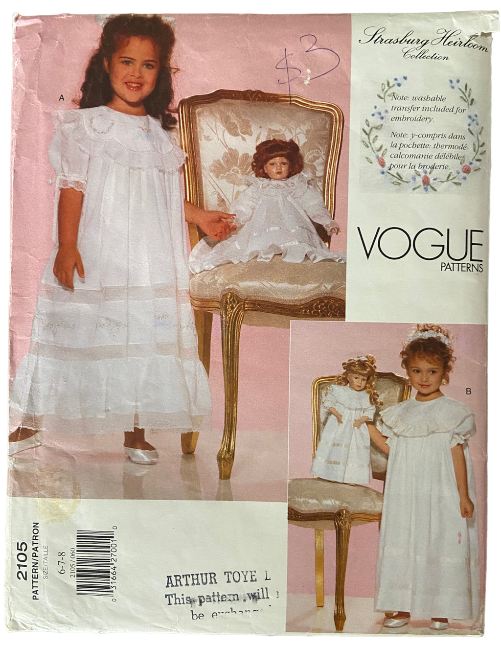 Vogue 2105 vintage 1990s Strasburg Heirloom collection child's dress and transfer with matching doll's dress pattern Breast 25, 26, 27 inches